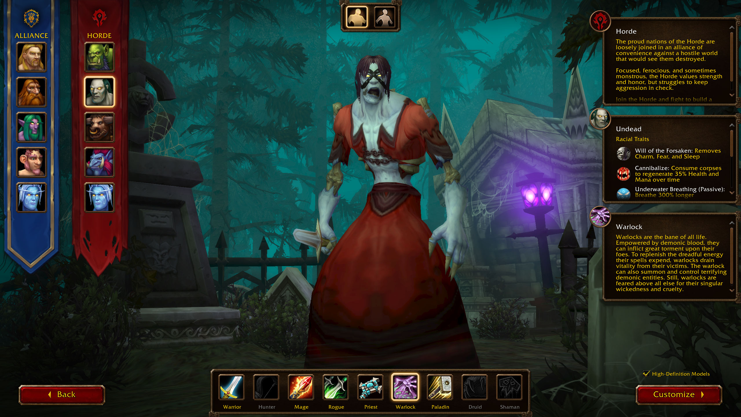 Výber undead warlocka pri tvorbe postavy vo WoW Forever