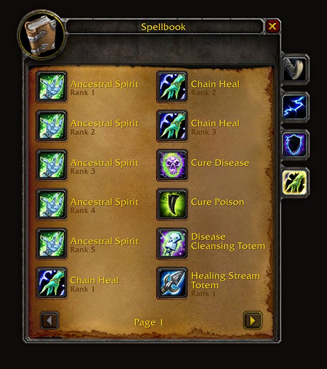 Základné okno Spellbook v rozhraní World of Warcraft Classic