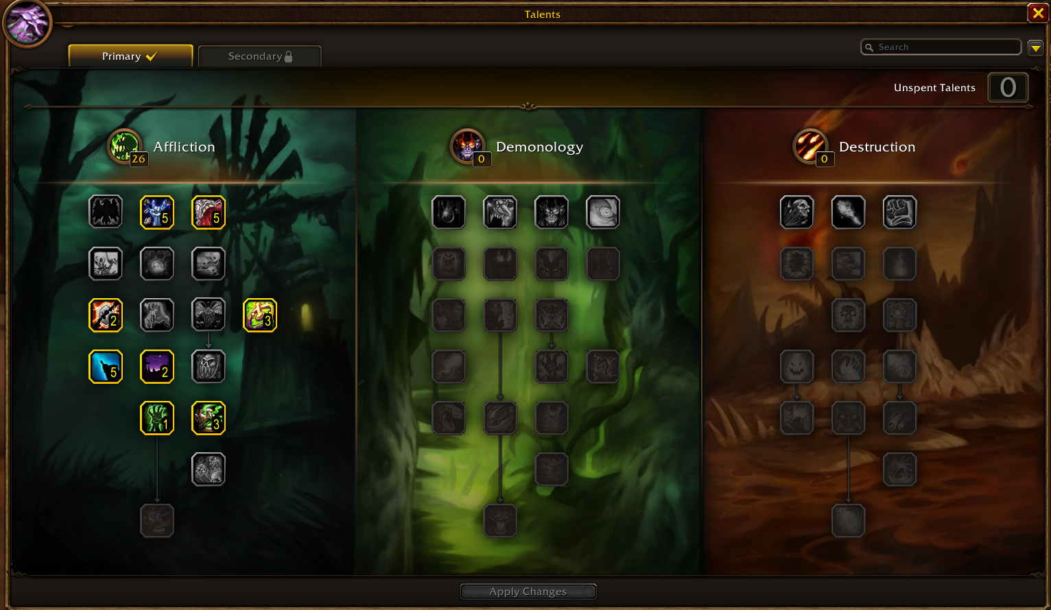 Okno talentov warlocka s vetvami Affliction, Demonology a Destruction, 26 bodov vo vetve Affliction