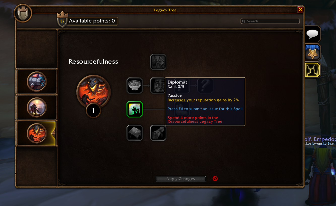 Náhľad prvého ranku Legacy bonusu Diplomat s bonusom 2 % k reputácii, rank 0/5