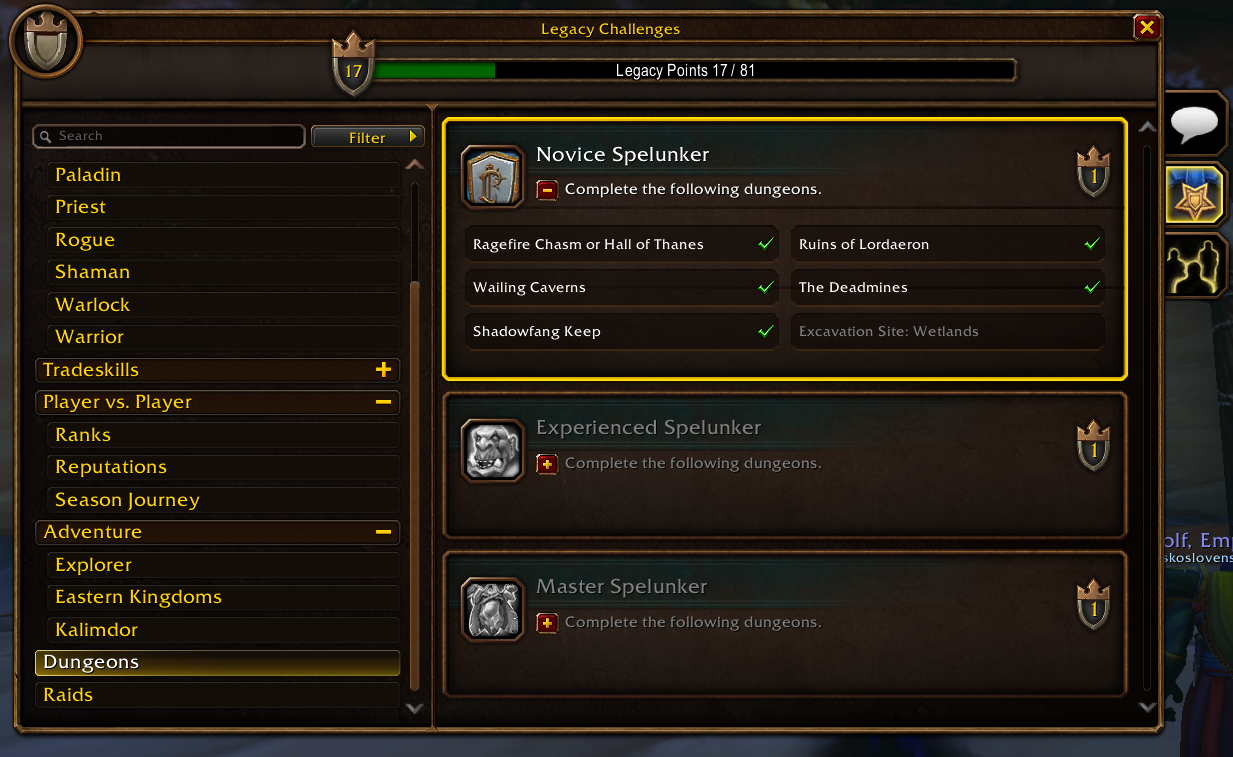 Dungeonová Legacy výzva Novice Spelunker v zozname výziev