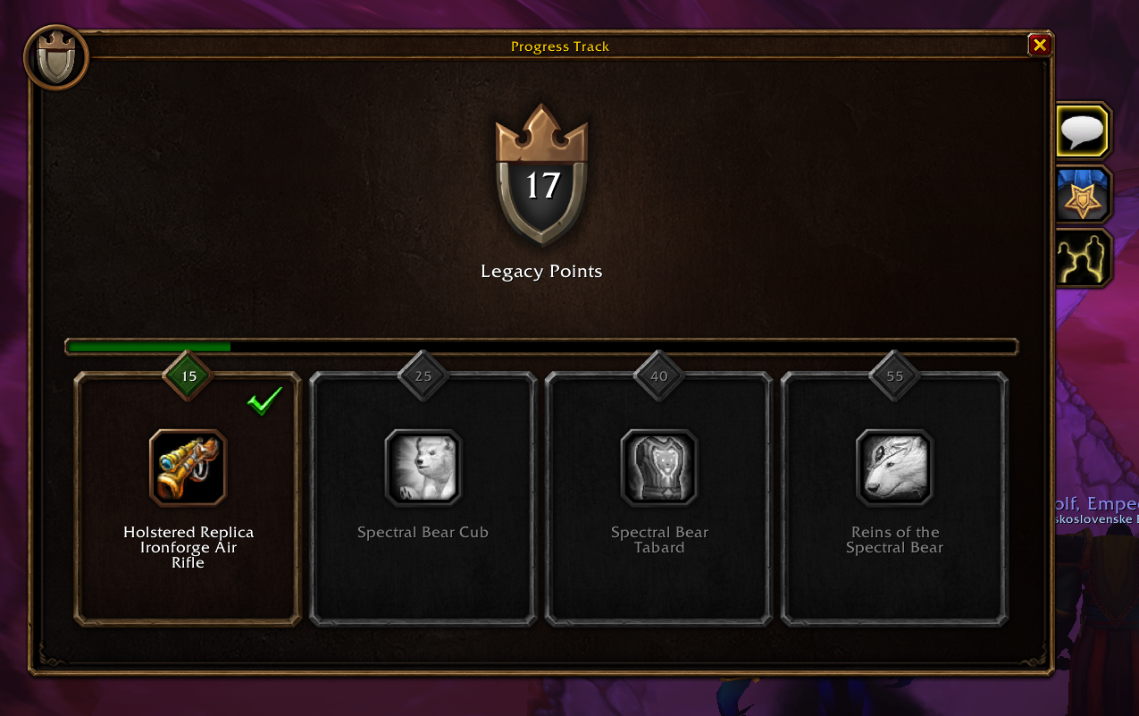 Legacy Progress Track v bete WoW Forever so 17 získanými bodmi a odmenami