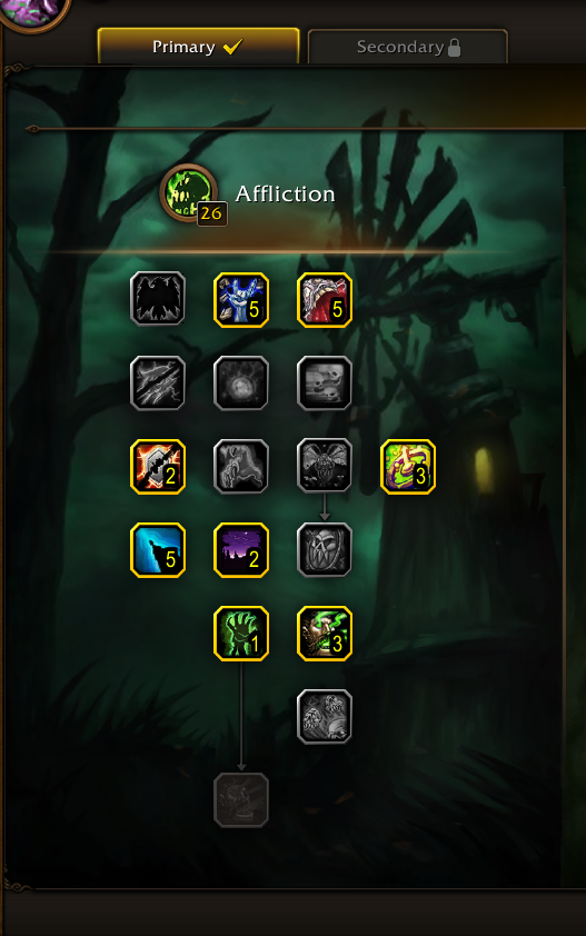 Affliction talentový strom warlocka v bete so Siphon Life