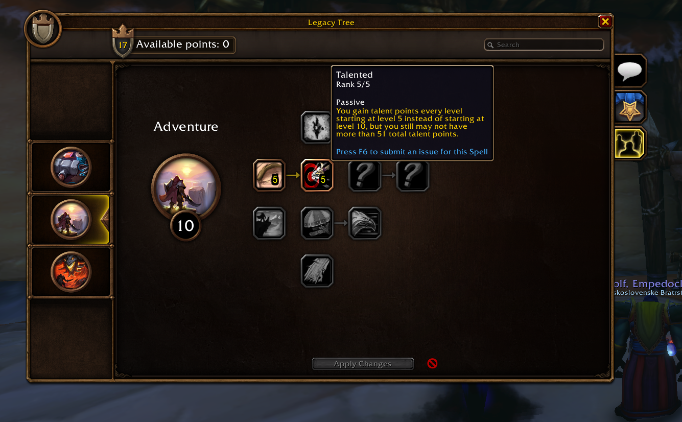 Legacy bonus Talented na ranku 5/5 s popisom talentových bodov od levelu 5 a maxima 51 bodov