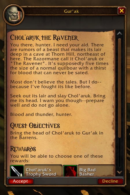 Zadanie questu Chol’aruk the Ravener od Gur’aka s upozornením na skupinu a odmenami