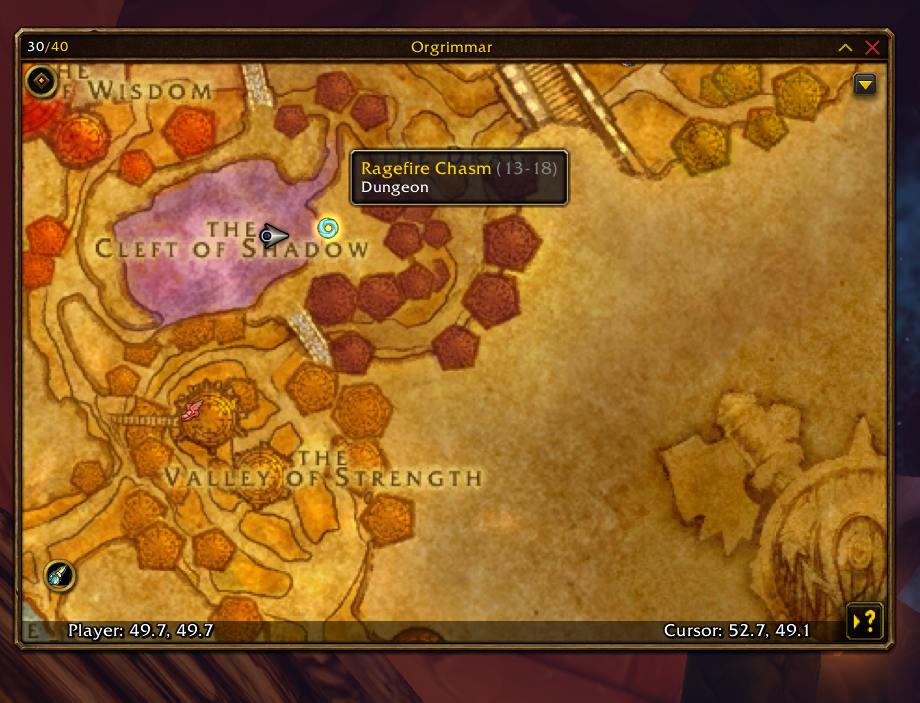 Mapa Orgrimmaru so vstupom do Ragefire Chasm v Cleft of Shadow